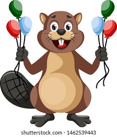 Beaver with balloons, illustration, vector on white background.