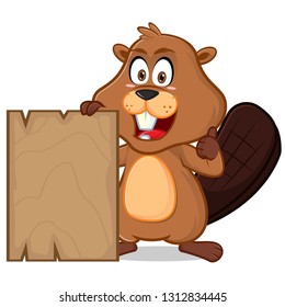 Beaver with blank wood plank cartoon illustration, can be download in vector format for unlimited image size.