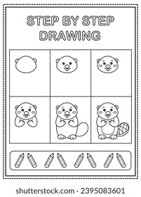 Beaver. Book page, drawing step by step. Black and white vector coloring page.