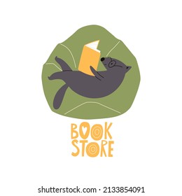 Beaver with books vector illustration. Concept for children print, learning. 