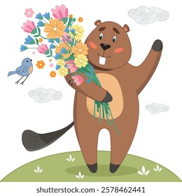 beaver with a bouquet of flowers, spring flowers, birds in spring, warm day, bird and beaver, beaver coloring page, beaver sticker