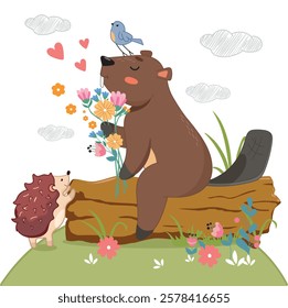 beaver with a bouquet of flowers, summer day, spring, forest friends, bird and beaver, hedgehog and beaver, lovers, love, love card, summer day, warm, friendship, small, baby, wallpaper for children 