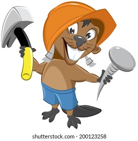 Beaver builder holding nail and hammer. Illustration in vector format