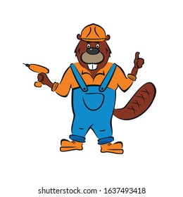 Beaver, builder, holds an electric screwdriver in his hand. Master.