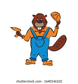 Beaver, builder, holds an electric screwdriver in his hand. Master.