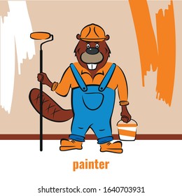 A beaver, a builder, holds a paint roller and a bucket of paint in his hand. Master.