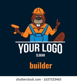 Beaver, builder. Holds a power tool in his hand. Logo for a construction company. Master.