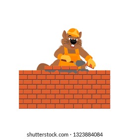 Beaver builder holds trowel and laying a brick wall.  Vector illustration cartoon character beaver isolated on white background. 