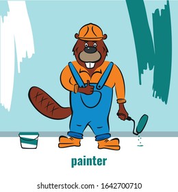 A beaver, a builder or a house painter against a wall, holds a paint roller in his hand. Master.