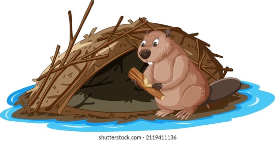 A beaver building a dam in cartoon style illustration