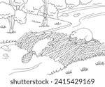 Beaver building a dam graphic black white sketch landscape illustration vector