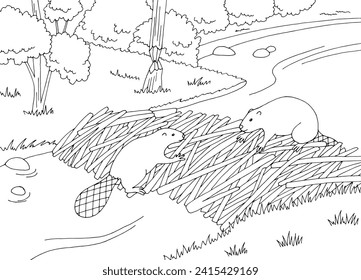 Beaver building a dam graphic black white sketch landscape illustration vector