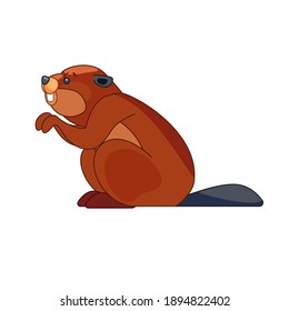 Beaver builds a dam. Cartoon character of a small mammal animal. A wild forest creature with brown fur. Side view. Vector flat illustration isolated on a white background.