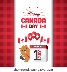 beaver calendar balloons flags happy canada day vector illustration