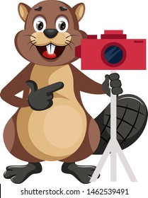 beaver with camera, illustration, vector on white background.