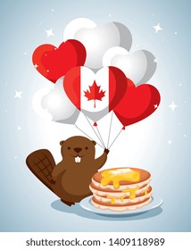 beaver with canada flag balloons and pancakes