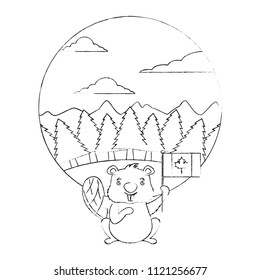 beaver of canada with flag and landscape