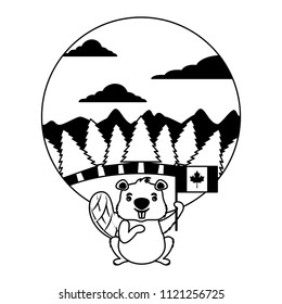 beaver of canada with flag and landscape
