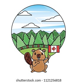 beaver of canada with flag and landscape