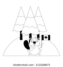beaver of canada with flag and landscape isolated icon