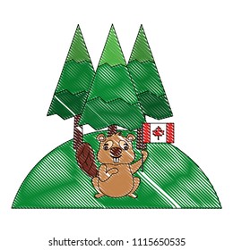 beaver of canada with flag and landscape isolated icon