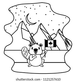 beaver of canada with flag and landscape snowly