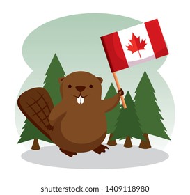 Beaver With Canada Flag And Pines Trees