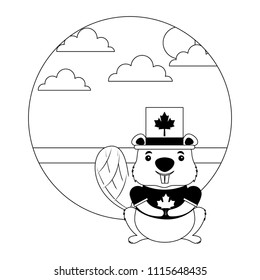 beaver of canada with hat and landscape isolated icon