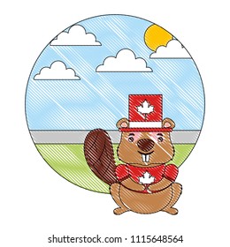 beaver of canada with hat and landscape isolated icon