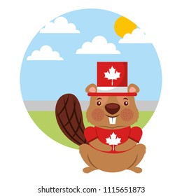 beaver of canada with hat and landscape isolated icon