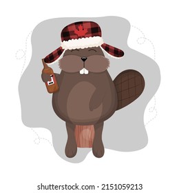 Beaver with Canada Hat Sitting on Stump and Drinking Beer, Vector, Canada Day