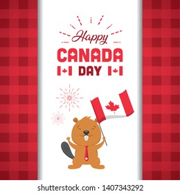 beaver with canadian flag happy canada day vector illustration