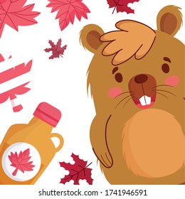 Beaver with canadian leaves and maple syrup design, Happy canada day holiday and national theme Vector illustration