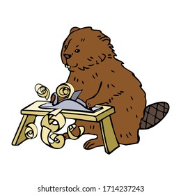 The beaver carpenter works with a planer. Vector illustration. Isolated on a white background.