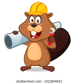 Beaver carrying pipe and wrench cartoon illustration, can be download in vector format for unlimited image size.