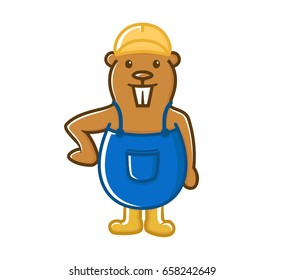 Beaver Cartoon Character Mascot wears blue dungarees, yellow boots and a yellow safety helmet