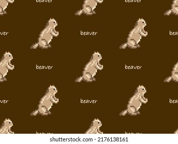 Beaver cartoon character seamless pattern on brown background. Pixel style