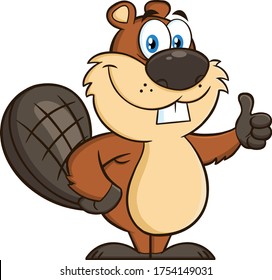 Beaver Cartoon Mascot Character Giving A Thumb Up. Vector Illustration Isolated On White Background