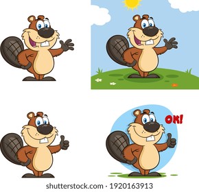 Beaver Cartoon Mascot Character. Vector Collection Set Isolated On White Background