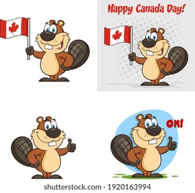 Beaver Cartoon Mascot Character. Vector Collection Set Isolated On White Background