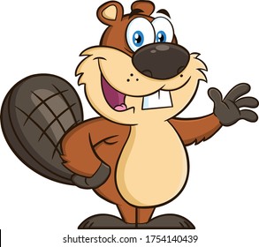 Beaver Cartoon Mascot Character Waving For Greeting. Vector Illustration Isolated On White Background