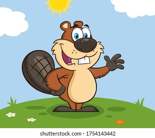 Beaver Cartoon Mascot Character Waving For Greeting. Vector Illustration With Background