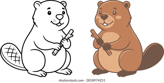 Beaver cartoon vector collection featuring a cute hand drawn beaver in full color and black outline versions. Isolated on a white background, this friendly woodland animal character is suitable for children's books, coloring pages, educational materials, nursery decor, stickers, greeting cards, posters, websites, mobile apps, classroom resources, and print projects. High quality editable vector illustration with clean outlines and simple details.