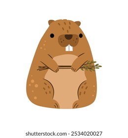 Beaver or castor animal, forest inhabitant. Vector illustration of wild rodent with tooth, funny forest builder with branch in hands. Cheerful humor pet for kids