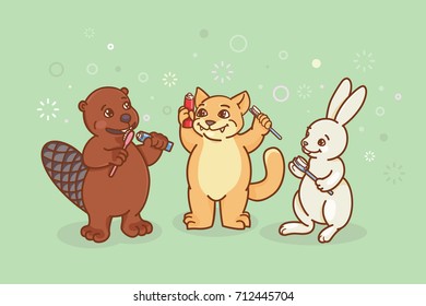 The beaver, the cat and the hare are brushing their teeth. Coloring, illustration for activity book. Illustration of oral hygiene.
