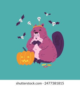 Beaver celebrates Halloween. Rodent animal looks at the bats in wonder. Composition with wild animal, pumpkin and candies on a turquoise background. Cartoon vector illustration.