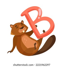 Beaver character with alphabet letter b vector illustration. Cute comic animal with ABC for preschool children book isolated on white background. Education concept