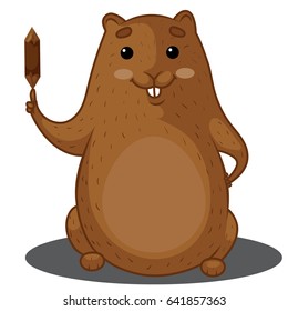 Beaver Character, Brown Beaver Sitting, Beaver with a Log, Hand Drawn Clipart, Vector Illustration EPS 10