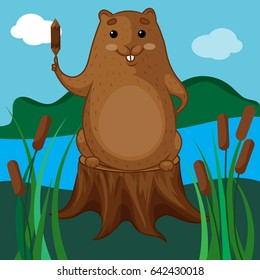 Beaver Character, Brown Beaver Sitting on a Tree Stump, Beaver with a Log, Hand Drawn Clipart, Vector Illustration EPS 10