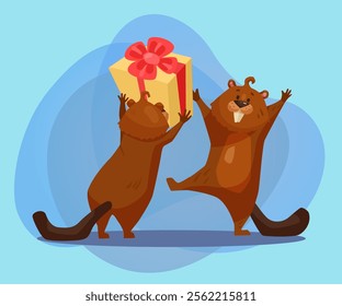 Beaver character giving gift box to friend vector illustration. Cartoon drawing of brown comic wild animal receiving present on abstract background. Wildlife, celebration, birthday, anniversary concep